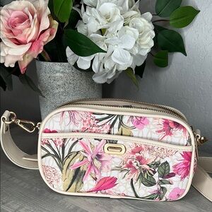 Cream and Pink Floral Crossbody Bag with Gold Accents